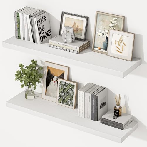 36 Inch Floating Shelves, 12 Inch Deep Floating Shelves for Wall, Extra Deeper & Thicker Wooden Wall Shelf with Invisible Brackets, Shelf for Bedroom Living Room Home Decor（White, Set of 2） - color: White, size: 36"W x 12"D x 2"H, Set of 2