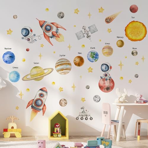 Watercolor Outer Space Wall Stickers, Astronaut Planets Rockets Peel and Stick Wall Decals, Bedroom Art Wall Decor,Living Spaces Decals - color: Space 1