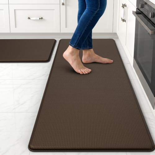 Kitchen Mats for Floor 2 Piece - 17"x29"+17"x47" Anti Fatigue Mats for Kitchen Floor - Non Slip Cushioned Rugs for Standing - Brown - color: Brown, size: 2pc: 17" x 29" + 17" x 47"