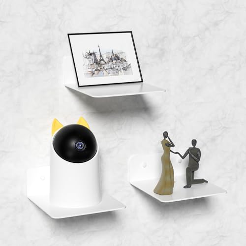 Wisfame Small Piano White Floating Shelves Set of 3, Metal Hanging Shelves for Bathroom, Living Room, Bedroom, 5 Inch Wall Display Shelves for Knickknacks, Display Ledges - Adhesive Installation - color: Piano White, size: 4.9" x 4.9"-3PCS