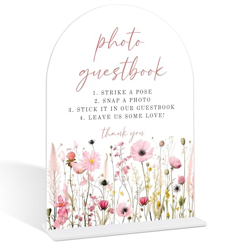Pink Flower Photo Guest Book Sign, Wedding Guest Book Alternative, Bridal Shower Centerpieces For Tables, Wedding Reception Decoration, Acrylic Arch Bridal Shower Sign With Base-9 - color: Photo Guest09