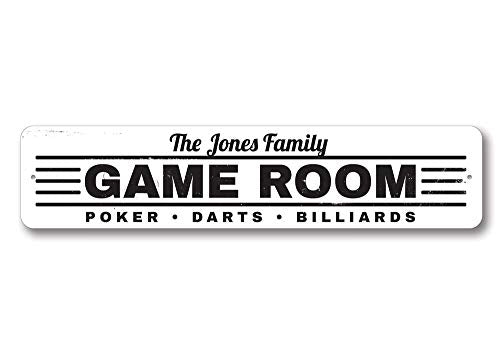 Game Room Sign, Family Name Sign, Custom Poker Darts Billiards Sign, Man Cave Aluminum Decor - 9" x 36" - size: 3) 9"x36" Inches
