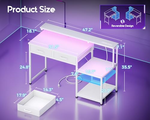 ODK Gaming Desk with Led Lights & Power Outlet, 48 Inch Computer Desk with Drawers, Office Desk with Large Display Storage Shelves, Reversible Desk with Monitor Stand for Home, Carbon Fiber White