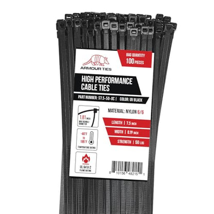 7.5-inch Black Zip Ties Heavy Duty UV Resistant Nylon Cable Ties, 50lb Tensile Strength, 100-Pack - Durable Wire Ties, Heavy Duty Tie Straps Indoor and Outdoor Cable Management Solution by ARMOUR TIES - size: 7.5 Inch