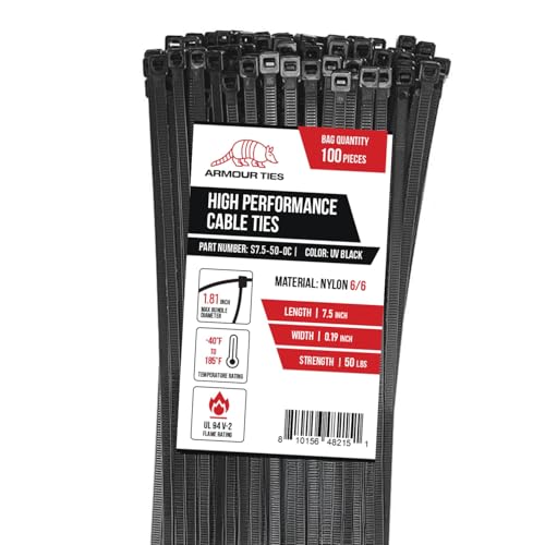 7.5-inch Black Zip Ties Heavy Duty UV Resistant Nylon Cable Ties, 50lb Tensile Strength, 100-Pack - Durable Wire Ties, Heavy Duty Tie Straps Indoor and Outdoor Cable Management Solution by ARMOUR TIES - size: 7.5 Inch