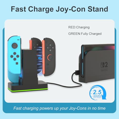 PURBHE Switch 2 JoyCon Charging Dock for Nintendo Switch Controller Charger, Accessories for Nintendo 1/2 Charging Station with RGB Light - 4 in 1 Charge Switch 2 with 60cm USB- C Power Cord - size: 60cm