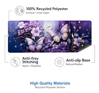 IMAYONDIA Gold Butterfly Desk Pad, Purple Flowers Large Mousepad, Floral Desk Mat, Modern Beutiful Extended Mouse Pads for Laptop, Computer Pad for Women Girls Office, 31.5x11.8 in - color: Purple Butterfly
