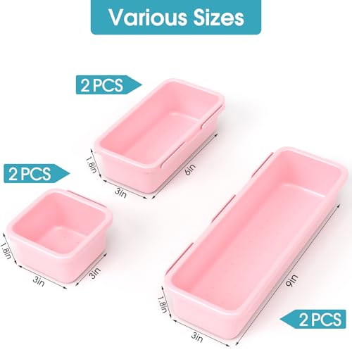 6 PCS Drawer Organizer Set, 3 Size Makeup Drawer Divider Organizer With Non-Slip Pads, Interlocking Plastic Storage Bins for Office,Jewelry Vanity,Gadgets, Bathroom,Kitchen, Pink - color: Pink, size: 6Pack