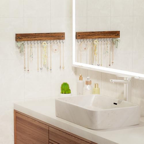 Lolalet Wooden Necklace Holder for Wall with 15 Hooks, Necklaces Hanger Easy Install Wall Mount Necklace Organizer, Jewelry Hangers for Chains, Bracelets, Earrings -Brown - color: Brown
