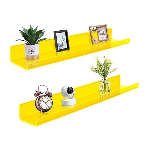 ROYALITA 24 Inches Acrylic Floating Book Shelves Wall Mounted Set of 2, Wall Hanging Plant Display Shelves, Room Decor Floating Wall Shelves for Gaming Room, Bedroom, Living Room, Office, Yellow - color: Yellow, size: 24 Inch