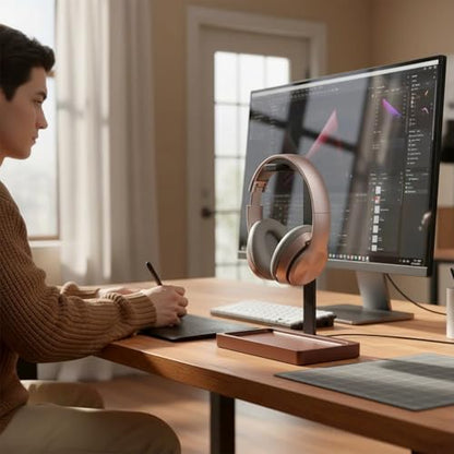 Wood Headphone Stand, Walnut Headset Stand for Desk, Universal Headphone Holder with Storage Base for Gaming, Music Headsets(Dark Brown) - color: Dark Brown