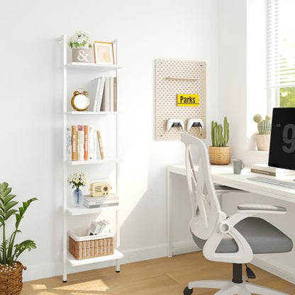 ELYKEN Ladder Shelf, White 5-Tier Wood Wall Mounted Bookshelf with Metal Frame, Modern Open Display Organizer Rack, Leaning Storage Shelves for Living Room, Bedroom, Home Office - color: White