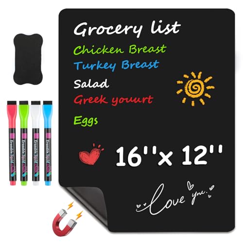MaxGear Magnetic Black Dry Erase Board, 16 x 12 Inch, Chalk Marker Included | Strong Magnetic Surface, Easy to Write and Erase, Ideal for To-do Lists, Includes 4 Chalk Markers 1 Eraser - color: Black, size: 16"x12"
