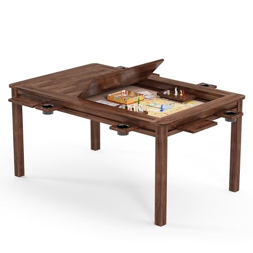 LAUSAINT HOME Board Game Table, 63" x 39" Gaming Table with Removable Table Top & Play Mat for 6 Players, Includes Detachable Cup Holders and Trays for Dining, Card, DND, Poker in Walnut - size: Rectangular Table
