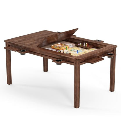 LAUSAINT HOME Board Game Table, 63" x 39" Gaming Table with Removable Table Top & Play Mat for 6 Players, Includes Detachable Cup Holders and Trays for Dining, Card, DND, Poker in Walnut - size: Rectangular Table