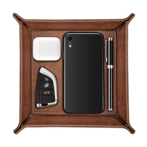 SITHON Valet Tray Desktop Storage Organizer – Premium PU Leather Catchall Bedside Vanity Tray Nightstand Caddy Holder for Keys, Phone, Wallet, Coin, Valentine's Day Gift, Brown - color: Brown