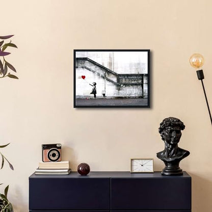 Wieco Art Framed Canvas Wall Art Giclee Canvas Prints of Banksy Grafitti Girl with Red Balloon Abstract Artwork for Wall Decor Home Decorations Black Frame - size: 16"L x 12"W