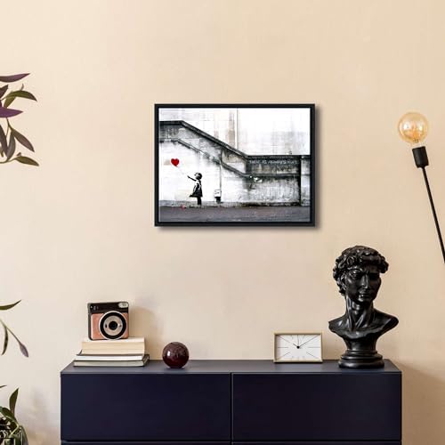 Wieco Art Framed Canvas Wall Art Giclee Canvas Prints of Banksy Grafitti Girl with Red Balloon Abstract Artwork for Wall Decor Home Decorations Black Frame - size: 16"L x 12"W
