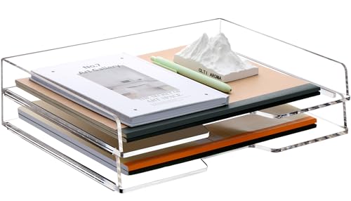 SANRUI 2-Tier Acrylic Paper Tray Organizer, Clear Stackable File Organizer for Desk, Paper Sorter Desk Organizer for Home Office Supplies - style: Enlarged File Trays 2 Tier