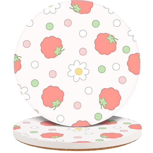 Ceramic Drink Coasters Set of 2 - Absorbent Cork Backed Coasters, Adorable Strawberry Daisy Pattern, Round Tabletop Coasters for Home Bar Coffee, Perfect Housewarming Gifts - color: Berry
