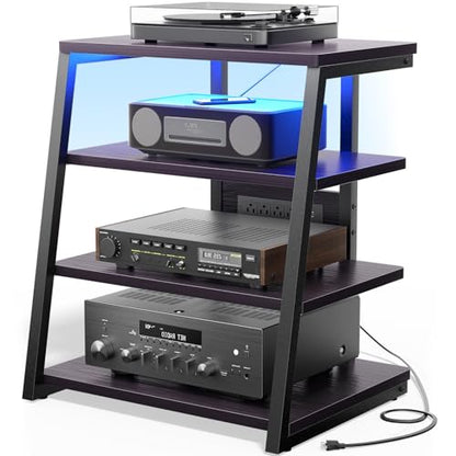 AV Media Stand with Outlets, Stereo Stands and Racks with Vinyl Storage, Stereo Stand with Record Storage, Audio Stereo Rack Cabinet, Turntable Console Stand with LED lights, 4 Tiers, Black Ebony