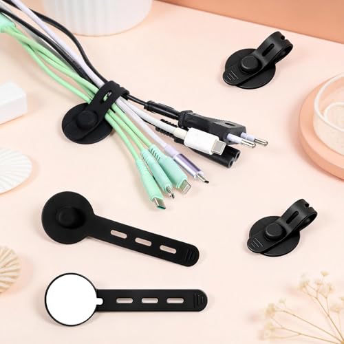 12 PCS Silicone Cable Straps, Self Adhesive Cable Holder Adjustable Silicone Cables Ties Cord Organizer Reusable Cables Management with Clear Case for Organizing Home Office School Supplies, Black