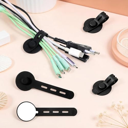 12 PCS Silicone Cable Straps, Self Adhesive Cable Holder Adjustable Silicone Cables Ties Cord Organizer Reusable Cables Management with Clear Case for Organizing Home Office School Supplies, Black