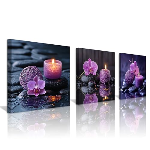 NAN Wind 3PCS Zen Canvas Wall Art Purple Orchid Spa Decor Aromatherapy Candle Black Stone Prints Modern Meditation Room Decor Bathroom Yoga Studio Wall Pictures Relaxing Home Artwork Ready to Hang - color: Serenity in Purple, size: 14X14inchX3pcs