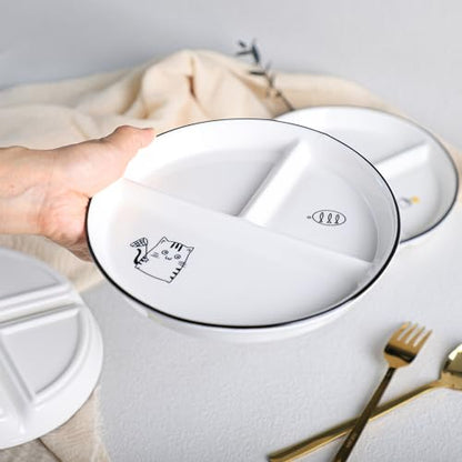 SOCOSY Ceramic 3-Compartment Portion Control Plate Divided Dish Platters, Divided Dessert Plate Salad Plate Dinner Plate Snack Dishes, Appetizer Serving Trays, 1 PCS-White-8 Inch - color: White