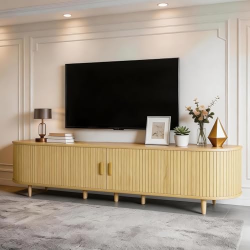 MXV 80" Mid-Century Modern TV Stand with Sliding Doors, TV Consoles with Power Outlet, Fluted Entertainment Center with Adjustable Shelves, for Living Room - color: Oak, size: 80in