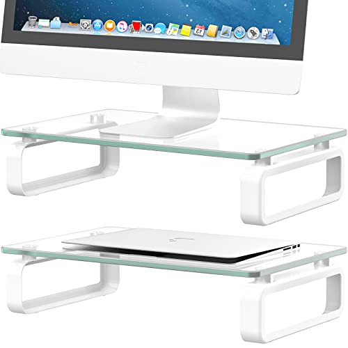 Hemudu 2 Pack Computer Monitor Stand Riser Multi Media Desktop Stand for Flat Screen LCD LED TV, Laptop/Notebook, with Tempered Glass and Metal Legs,HD02T-201 - size: Dual Monitor stand