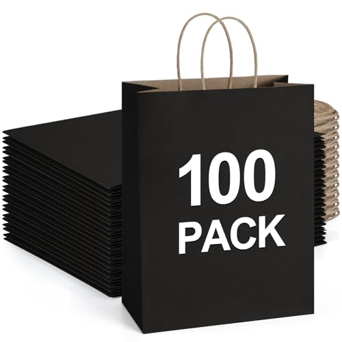 BagDream 100Pack 10x5x13 Black Paper Bags with Handles Bulk Kraft Recycled Paper Shopping Bags for Gifts, Merchandise, Retail, Party Favor Gift Sacks - color: Black