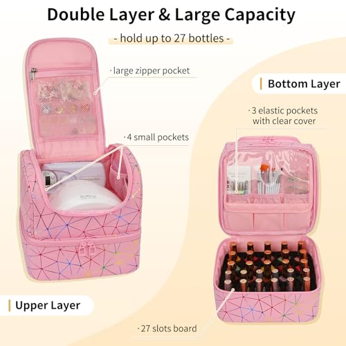 CUBETASTIC Nail Polish Organizer Bag, Double Layer Nail Tech Travel Case Holds 27 Bottles & Nail Lamp, Pink Nail Storage Organizer Box for Supplies, Portable Manicure Case - color: Triangle Pink, size: 27 Slots
