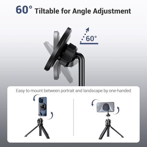 Magnetic Phone Tripod Mount Adapter with Arca Base &1/4" Screw Hole Compatible with MagSafe, 60° Tilt iPhone Tripod Holder for iPhone 17 16 15 14 13 12 Pro Max Plus, Selfie Stick Tripod Arca Ball Head