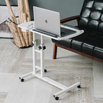 Overbed Table,Adjustable Laptop Desk with Cart, Computer Workstation, Bed Side Table, Tiltable Table and Mouse pad for Laptop-Marble White