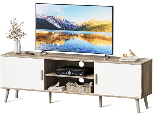 SUPERJARE TV Stand for 55 Inch TV, Entertainment Center with Adjustable Shelf, 2 Cabinets, TV Console Table, Media Console, Solid Wood Feet, Cord Holes, for Living Room, Bedroom, Gray and White - color: Gray and White, size: 53.9"
