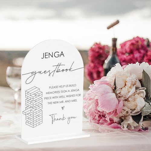 Tumbling Tower Game Sign, Wedding Guest Book Sign, Wedding Engagement Bridal Shower Reception Drinks Table Desk Acrylic Decor - color: Jenga Guestbook