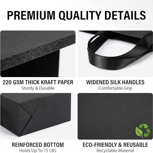 GEGIBOA Black Gift Bags With Handles 6 Pcs, 12.5x4.5x11 Inch Sturdy Kraft Paper Gift Bags, Bulk for Fathers Day, Wedding, Party, Birthday, Business and Shopping, Valentine's Day, Large Size - size: Black-L-6pcs