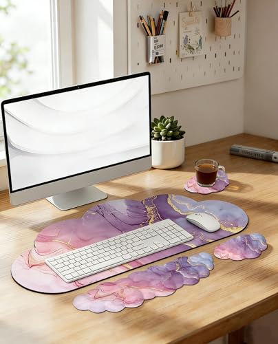 JIKIOU Ergonomic Keyboard Wrist Rest &Large Mouse Pad&Mouse Wrist & Cup Pad | Cute Cloud Shape, 4 in 1 Memory Foam Desk Mat, Ultra-smooth Surface, Savior of Wrist Pain, Anti-slip Rubber Base, Waterproof - color: 07Marble Pink
