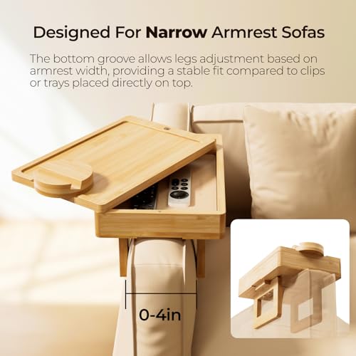Wealone Mini Couch Arm Table for Narrow Armrest, Bamboo Sofa Arm Tray with Storage Box, Rotating Tabletop & Phone Stand, Adjustable Sofa Arm Table Clip for Snacks or Dining, Width of Armrest 1-7 Inch - color: Natural