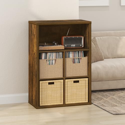 Furinno Cubicle Record Player Stand with Vinyl Storage, 5-Cube 1.2 Extra Thick Vinyl Record Storage, Open Back Media Shelf for CD DVD Blueray Game Disc, for Living Room, Home Office, Amber Pine - color: Amber Pine, size: Extra Thick, 5-Cube Standard