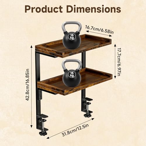 Clamp on Desk Shelf,2-Tier Office Desk Shelves Organizer, Expandable Under Desktop Storage,Wood Desktop Storage Rack for Home Workspace, Study Rooms,Gaming Devices (Brown) - color: Brown