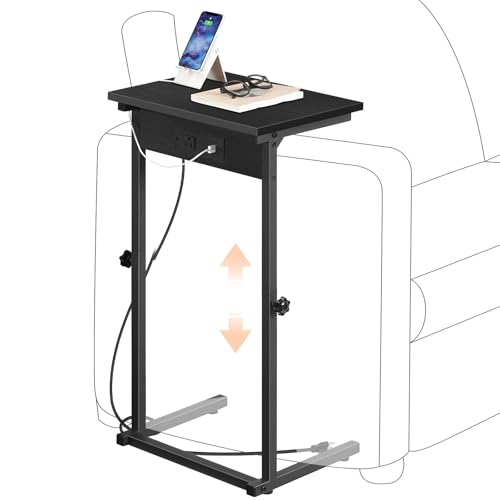 HOOBRO C-Shaped End Table with Charging Station, Adjustable Height Sofa Tray Side Table, Slide Under Couch Arm Table, Small C Side Table for Small Space in Living Room, Bedroom, Black BB71USF01 - color: Black