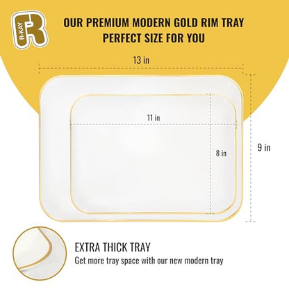 R-kay 3 Pack Plastic Serving Trays for Party - White and Gold Tray 8 by 11 in Heavy Duty Dessert Food Rectangular Premium Platters - color: White and Gold Rim