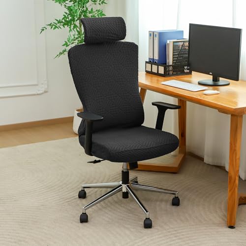 Ergonomic Office Chair Cover with Headrest Covers Black Jacquard Stretch Desk Chair and Headrest Slipcovers Washable - color: Jacqaurd L-black, size: Chair and Headrest Covers