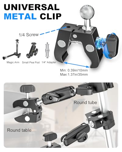 Double Super Clamp Mount with 1/4" Screw Interface [Full Metal] 360° Adjustable Umbrella Clamp for Photo Studio Light Stand, Pole, Cross Bars, Photography Reflector, Handlebar, C Stand, Desk