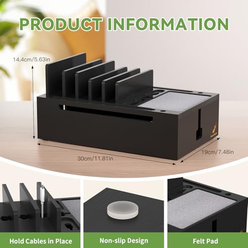 Pezin & Hulin Bamboo Charging Station for Multiple Devices, USB Charger Dock Organizer, with Power Supply (10 Ports HUB), 6 Cables, Cable Management Organizer for Cell Phones, Tablets -Black - color: Black, size: Dock+Charger+Cables