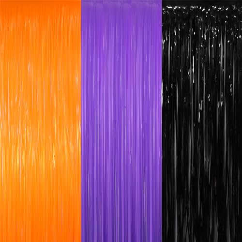 GOER 3.2 ft x 8.2 ft Metallic Tinsel Foil Fringe Curtains for Halloween Birthday Graduation New Year's Party Decorations(1 Pack,Black&Orange&Purple) - color: Black&Orange&Purple, size: 1 Pack