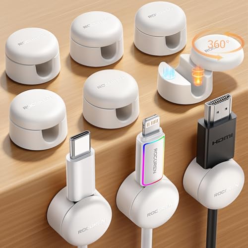 9-Pack Cable Clips [Upgraded], Rocoren Magnetic 360° Rotatable Cord Holder, Adhesive Cable Management Organizer, Wire Keeper for Nightstand Desk Car Home Office Accessories White - color: White