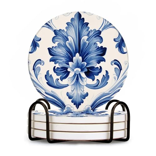 Ceramic Drinking Coasters Set of 4,Water Absorbent Marble Ceramic Coasters Tabletop Protection,Blue Watercolor Texture Elements China Flower,Suitable for Various Cups,Home Decor，4 Inch